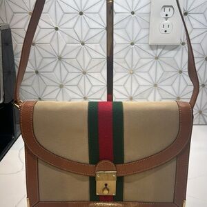 Brown and Beige Canvas Shoulder Bag with Green-Red Stripe